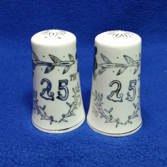 25th Silver Anniversary Salt & Pepper Shakers White & Silver Pre-Owned No Box - Picture 7 of 10